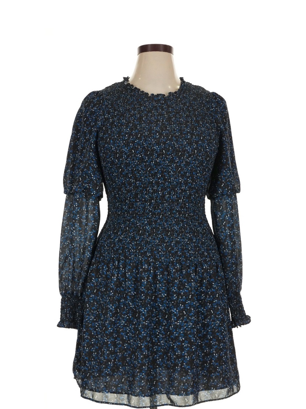 Parker Navy and Blue Smocked Long-Sleeve Mini Dress XL